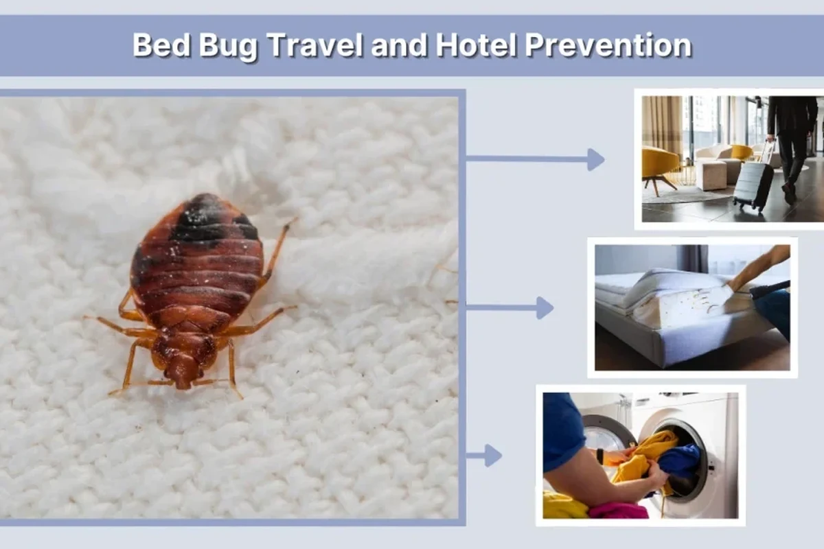 Traveler inspecting luggage and clothing for bed bugs after a hotel stay