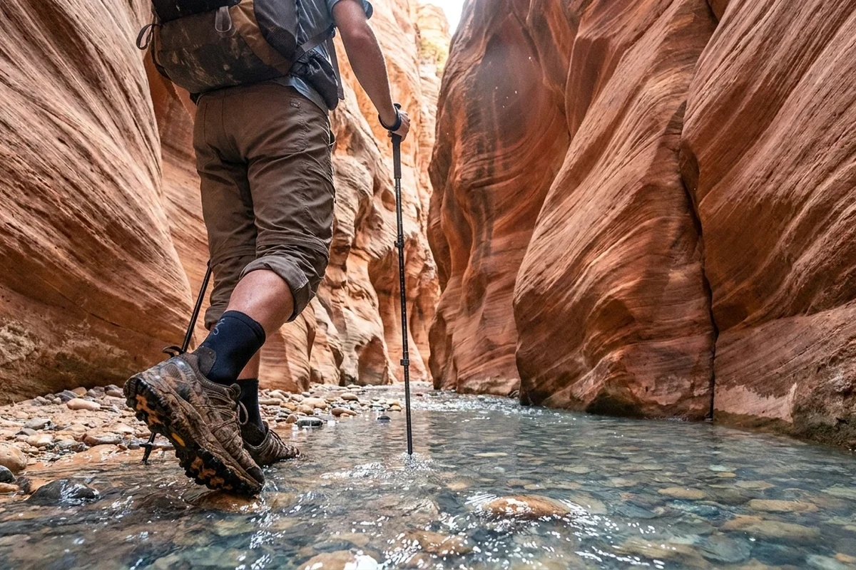 Two hikers on opposite sides of a canyon exploring the trails.