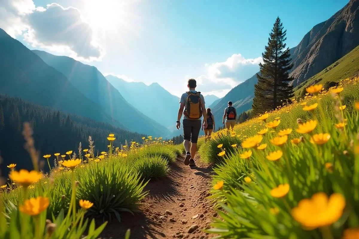 Hiker enjoying a scenic trail near a campsite.