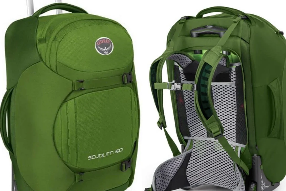 A stylish women's travel backpack with wheels for versatile travel.