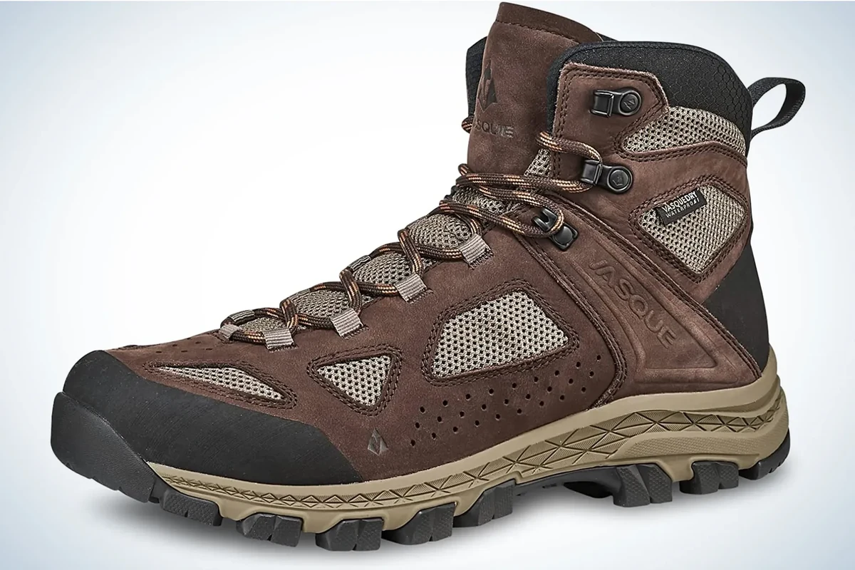 Hiking boots with good ankle support on a rocky trail