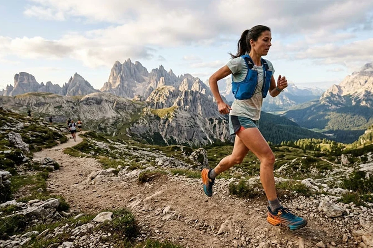 Trail running shoes designed for long-distance comfort and support.